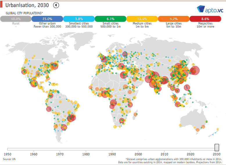 Mapas do crescimento urbano do mundo entre 1950 e 2030