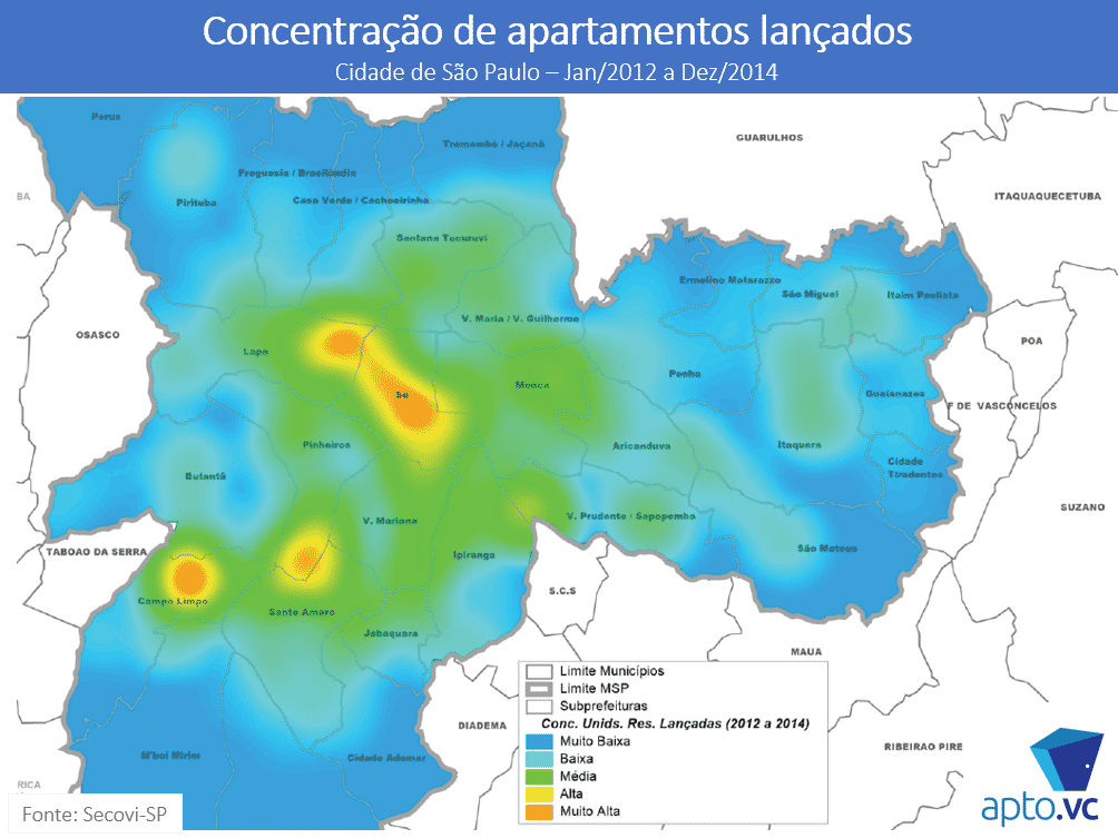 Concentração de apartamentos lançados em São Paulo entre 2012 e 2014
