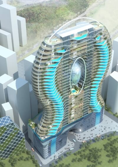 A torre com padrão ondulado com paredes de vidro que permitem enxergar a piscina na varanda de cada apartamento.