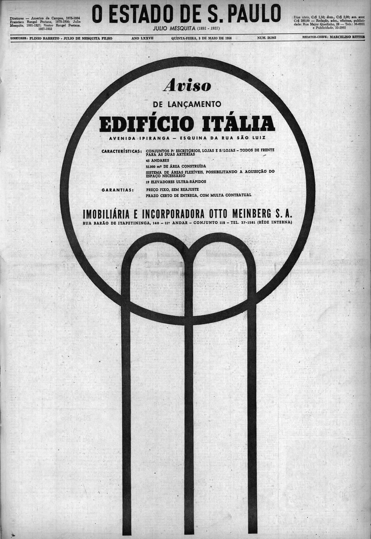 Anúncio antigo do Lançamento do Edifício Itália. Preço fixo, sem reajuste
