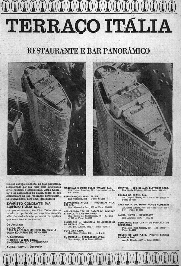 Anúncio antigo do Terraço Itália, o restaurante e bar panorâmico