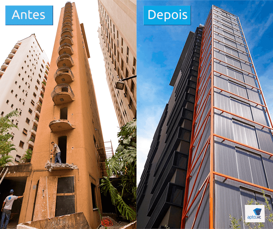 Fachada do VN Alameda Campinas, antes e depois do retrofit