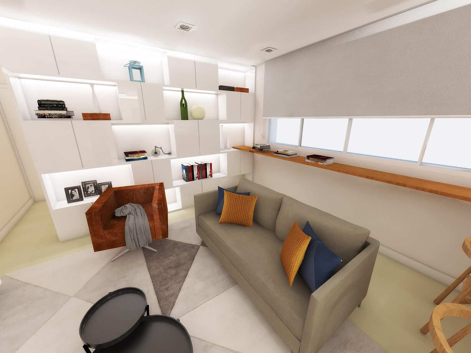 3D da sala do apartamento H&C, refletindo o estilo contemporâneo e elegante do casal