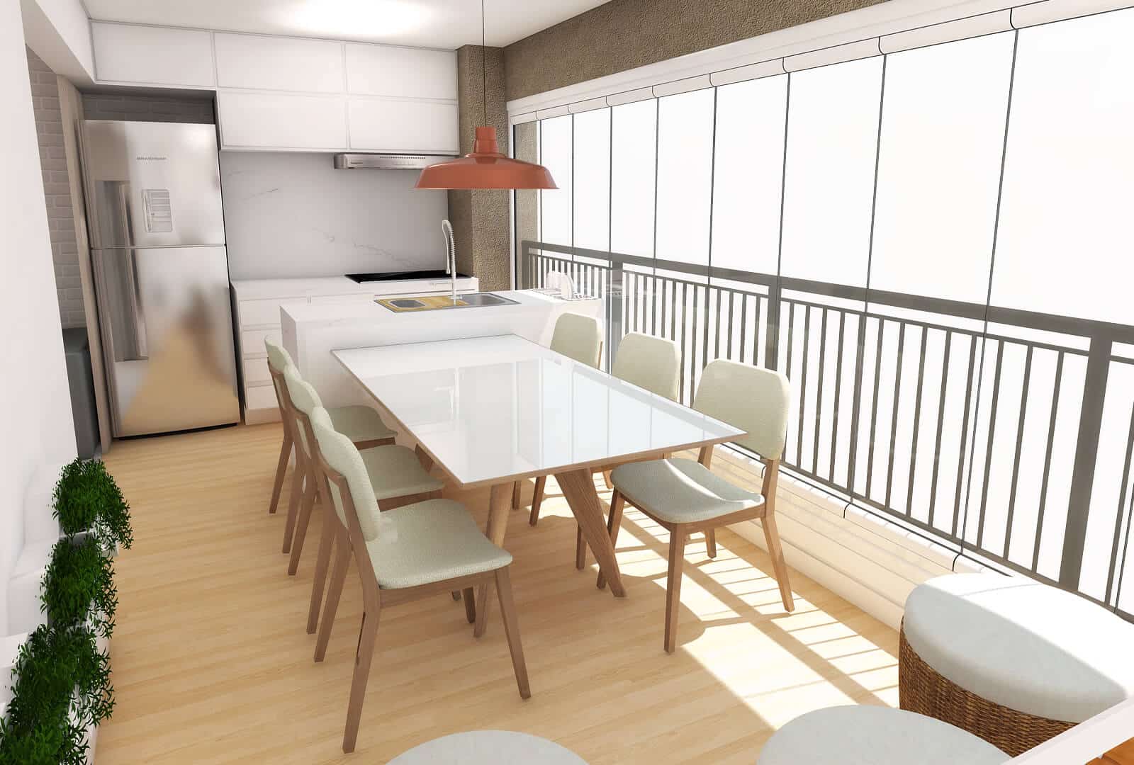 Projeto 3D da varanda e cozinha de T&V