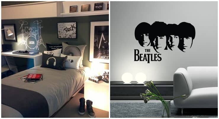 Adesivo dos Beatles na parede com decoração rock. Um ótimo presente para o dia do rock!