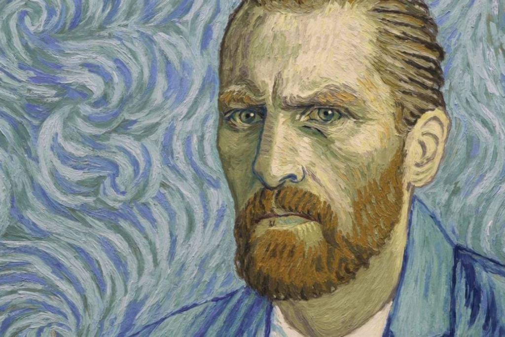 Cena do filme Com Amor, Van Gogh, mostra o homenageado em um fundo azul, pintado com a sua própria técnica de pintura.