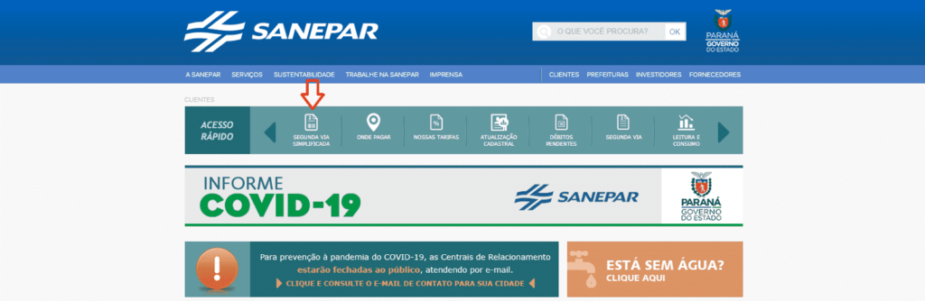 Printscreen da tela de acesso à pagina onde é possível solicitar a 2ª via da conta da Sanepar.