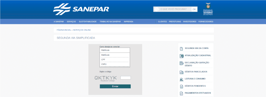 Printscreen da tela de acesso à pagina onde é possível fazer login na Sanepar.