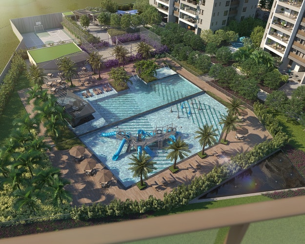 Imagem de projeto da área de lazer do Latitud Condominium Design. Possui uma área central com piscinas e toboágua envolta por diversas espécies de vegetação.