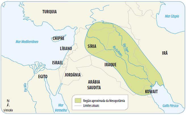 Mapa mostrando como a região da Mesopotâmia estendia-se entre os rios Tigre e Eufrates até o Golfo Pérsico.