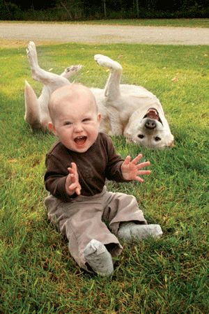 Criança e cachorro brincando na grama.