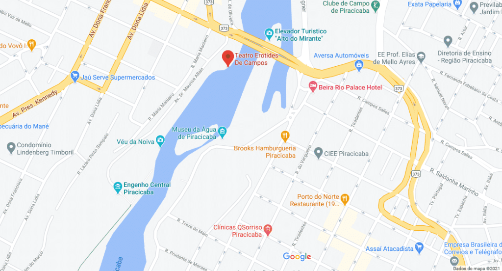 Mapa de localização do Teatro Erotídes de Campos, dentro do Parque do Engenho Central às margens do Rio Piracicaba.