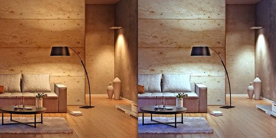 Duas imagens da mesma sala de estar, a direita com luzes com cores mais quentes e a esquerda luzes com cores mais frias.