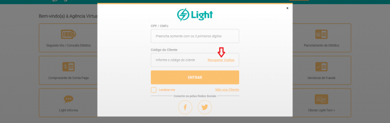 É possível recuperar e existem maneiras de como saber o Código do Cliente da Light pelo CPF - print da página de Login Light