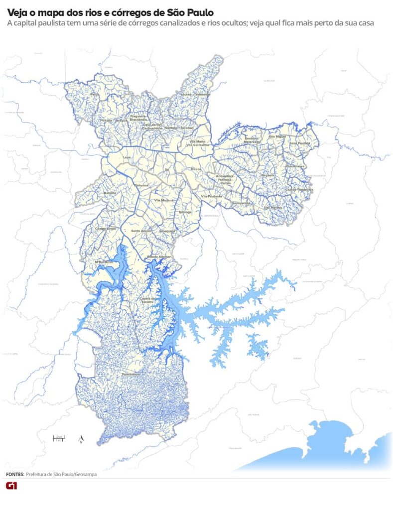 Mapa dos rios e córregos de São Paulo, por G1, baseado em dados da Prefeitura de São Paulo e do Geosampa.