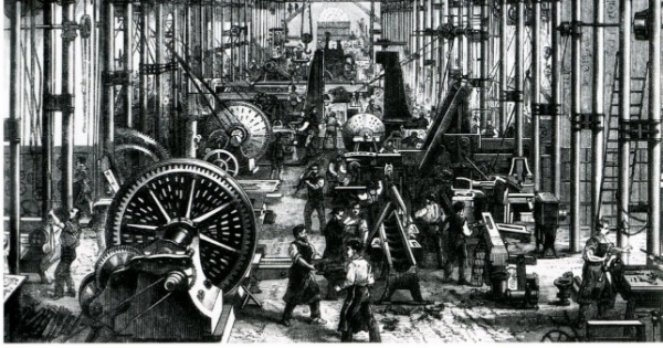 Trabalhadores manuseiam máquinas durante a era da Revolução Industrial.