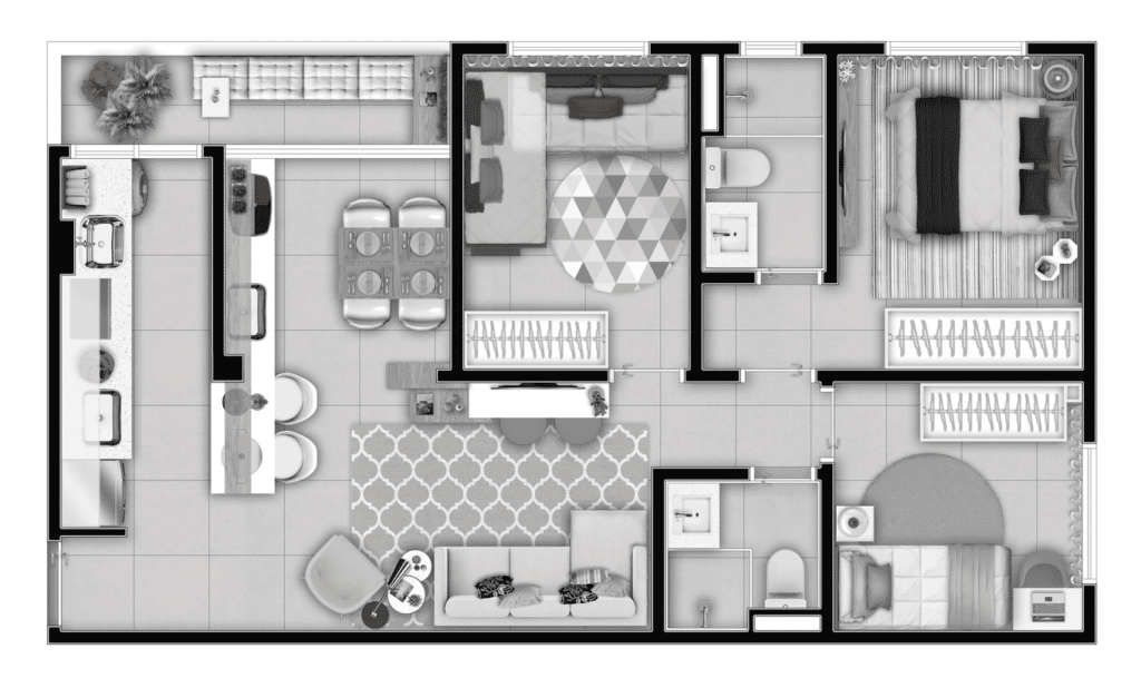 Planta de apartamento com cozinha americana, integrando a área social ao espaço da cozinha.