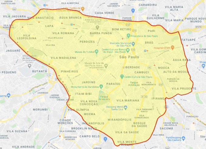 Mapa com a delimitação da área de rodízio em São Paulo.
