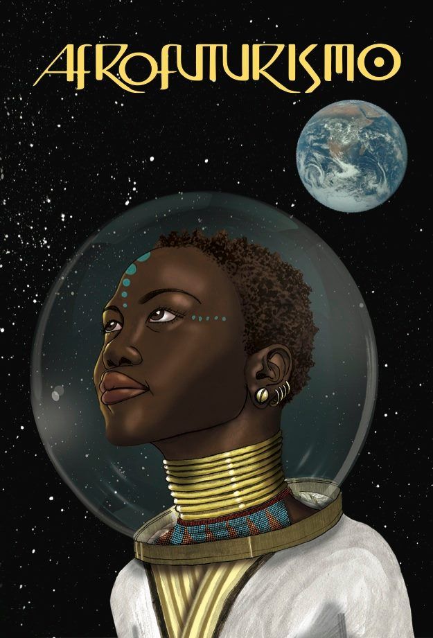 Painel afrofuturista com uma mulher negra vestida em traje de astronauta. Ao fundo, está o planeta terra sob um céu estrelado.