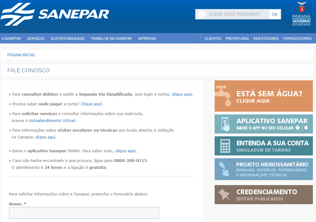 Printscreen da página "Fale Conosco", onde é possível entrar em contato com a Sanepar, por meio do formulário para solicitar informações.