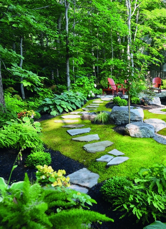 Jardim com granito como caminho e decoração. 