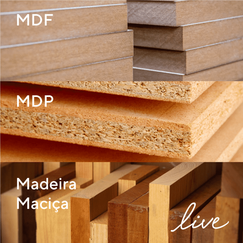 Tipos de madeira: MDF, MDP e madeira maciça, respectivamente.