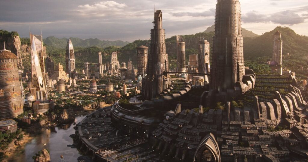 Wakanda é formada por edifícios em formado helicoidal, contornado por um rio que corre ao longo do percurso.