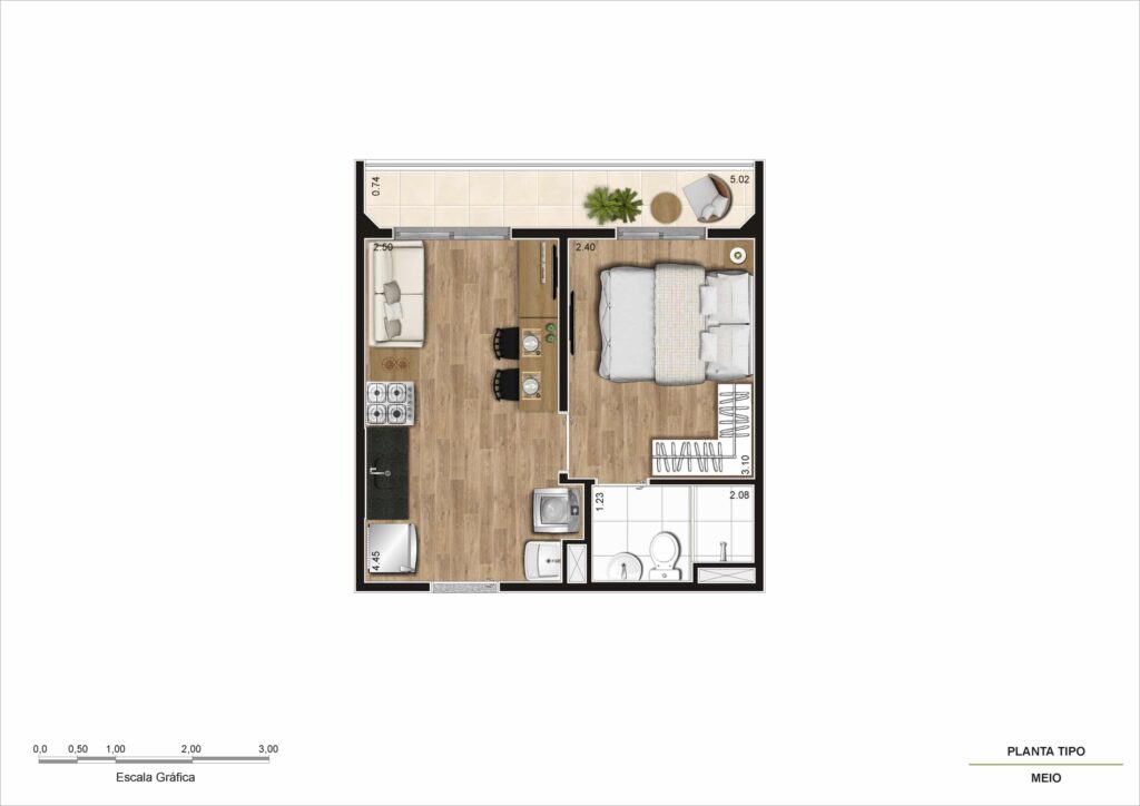 Planta de apartamento compacto, com dormitório separado da área social e da cozinha. Conta com uma varanda em toda a extensão frontal da planta.