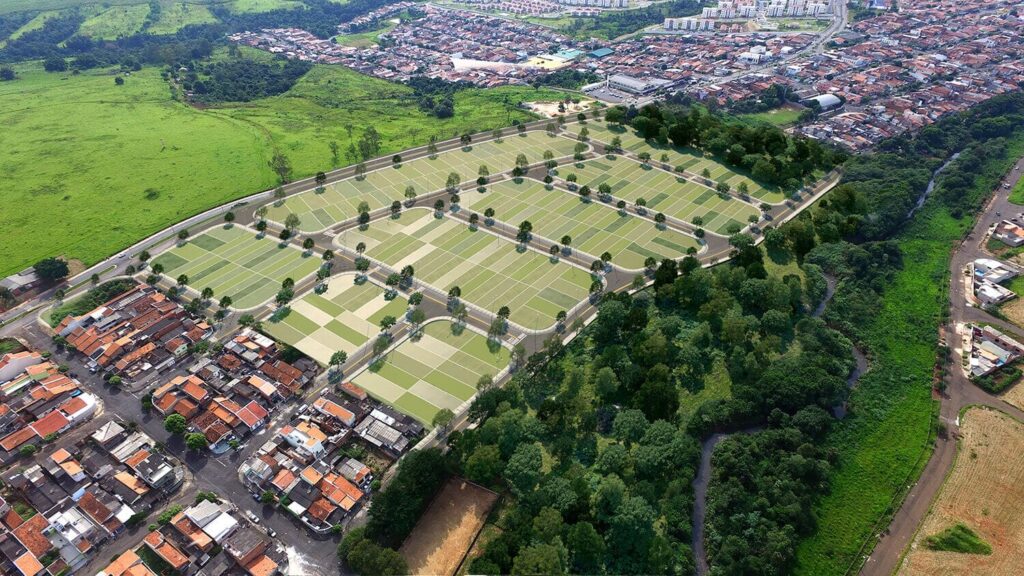 Imagem aérea do loteamento Bom Jardim, localizado entre uma extensa área verde e duas porções de área urbanizada.