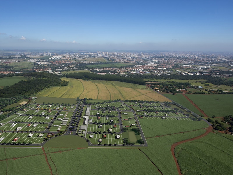 Imagem aérea do Villas do Mirante, com localização afastada de áreas urbanas densas.