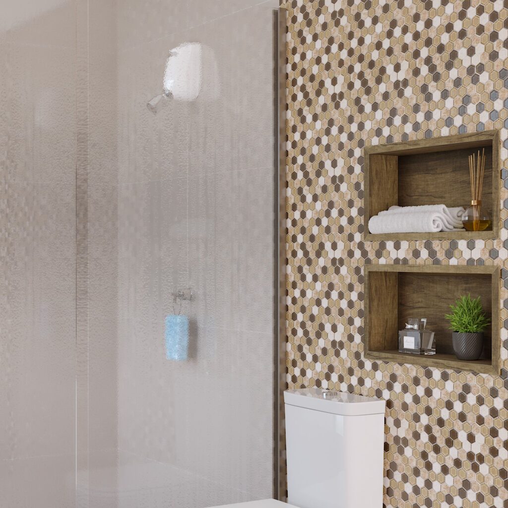 Banheiro com nichos de madeira embutidos na parede, que funcionam como suporte e também decoração para banheiro, garantindo mais espaço.