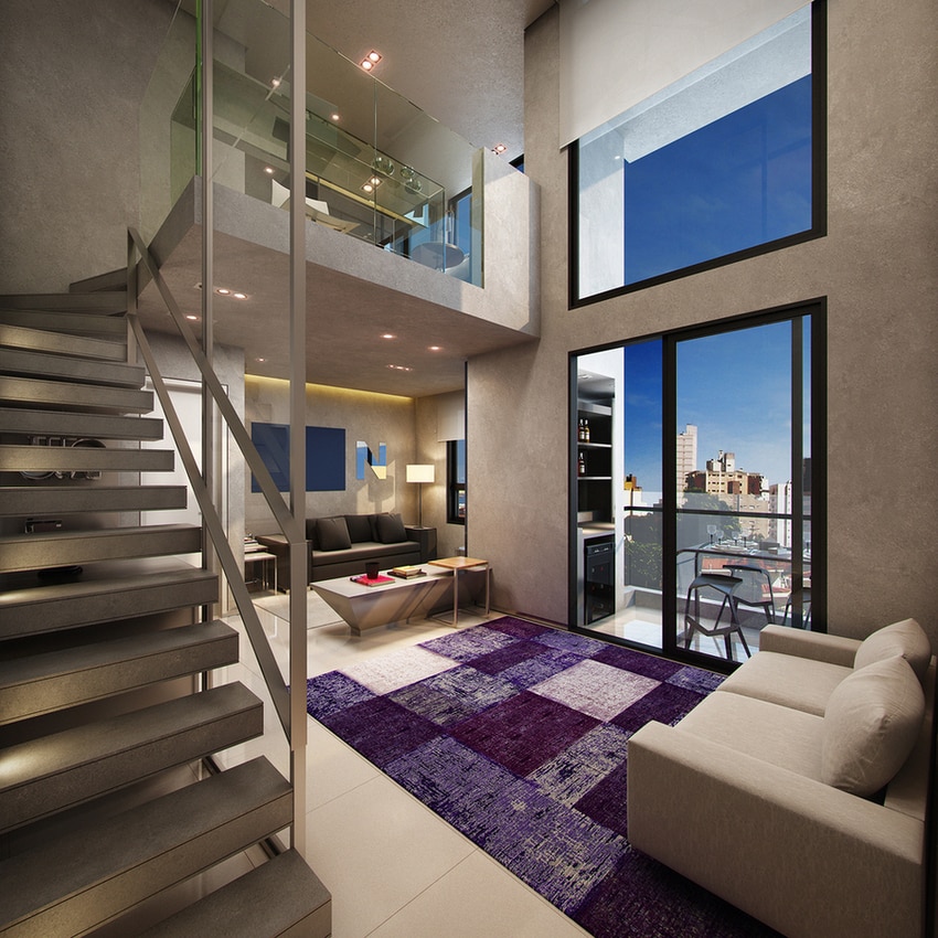 Duplex com pavimento superior que faz conexão visual com a parte inferior do apartamento.