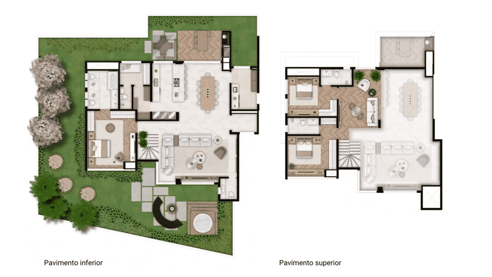 Duplex com configuração garden, criando um pavimento inferior contornado por um amplo quintal.
