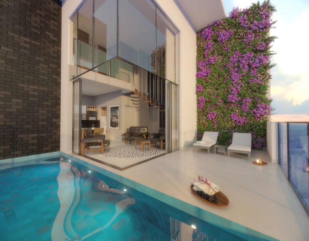 Apartamento com piscina na varanda.