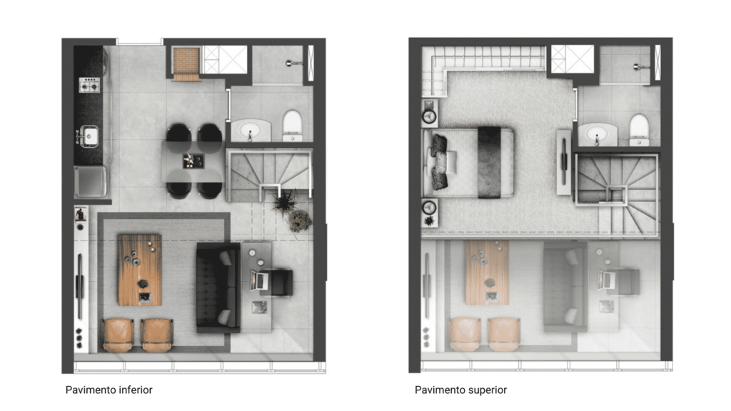 Planta de pavimento superior e pavimento inferior de apartamento com 61 m².