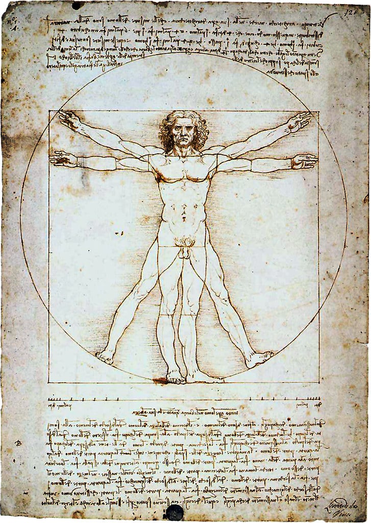 Desenho do Homem Vitruviano, com anotações feitas por Leonardo da Vinci.