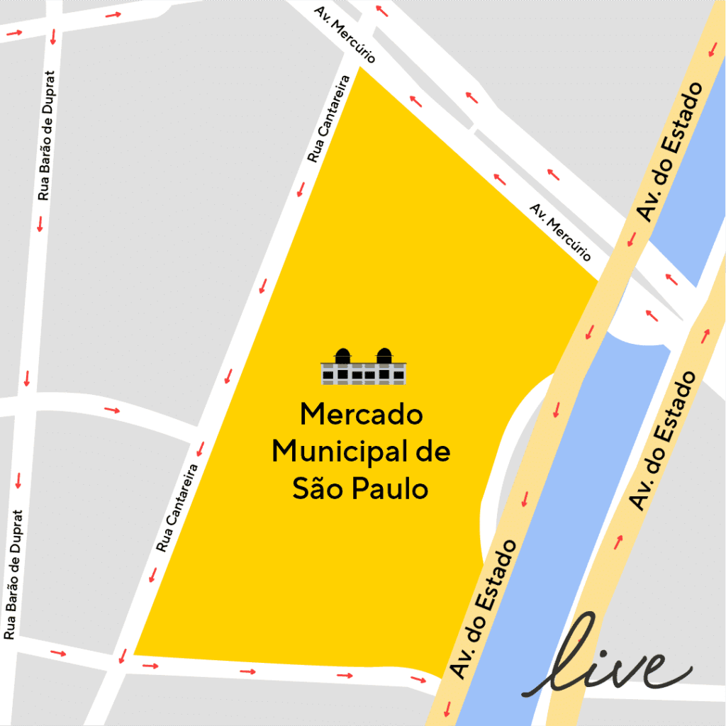 Mapa do Mercado Municipal, contornado pela Rua Cantareira, Avenida Mercúrio e Avenida do Estado.