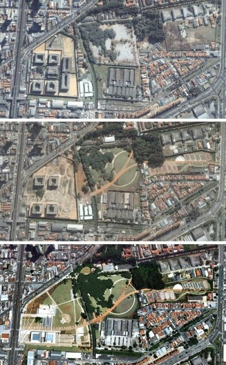 Imagem área vista de cima das três áreas propostas do projeto arquitetônico de Rosa Kliass, que foram concebidas em etapas graduais. 