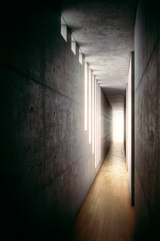 Corredor interior da Casa Koshino e o jogo de luz e sombra.