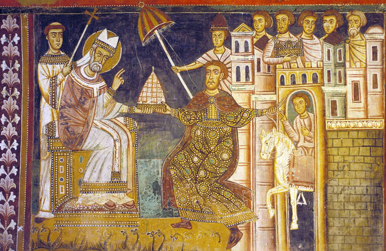 Arte bizantina retratando imperador ao lado de um líder religioso.