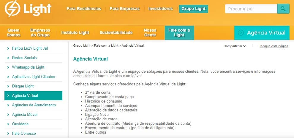 Página de contato Agência Virtual com a Light.