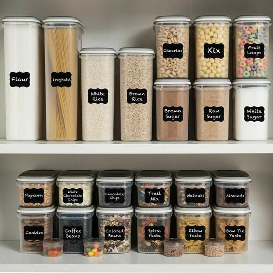 Potes de alimentos etiquetados, facilitando visualmente sua organização.