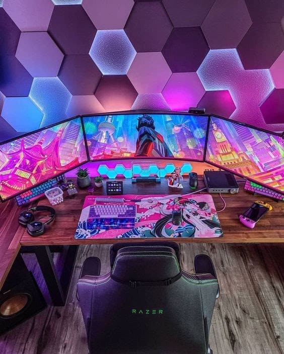 Mesa de madeira com setup gamer com três monitores.