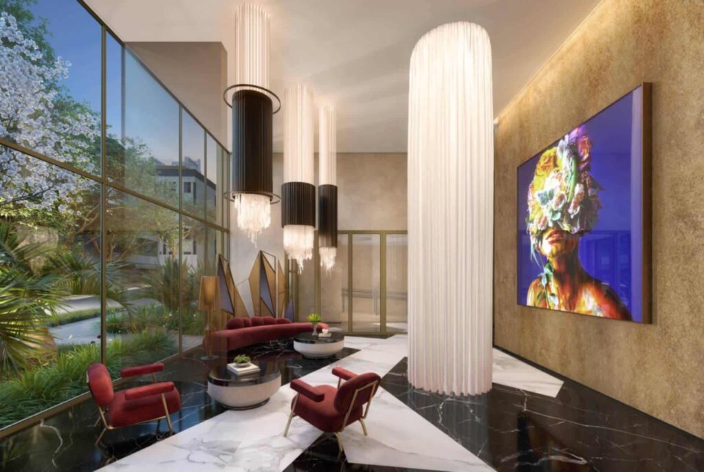 Decoração, acabamentos e mobiliário luxuoso garantem o ar moderno e imponente do Lobby da torre Apartments.