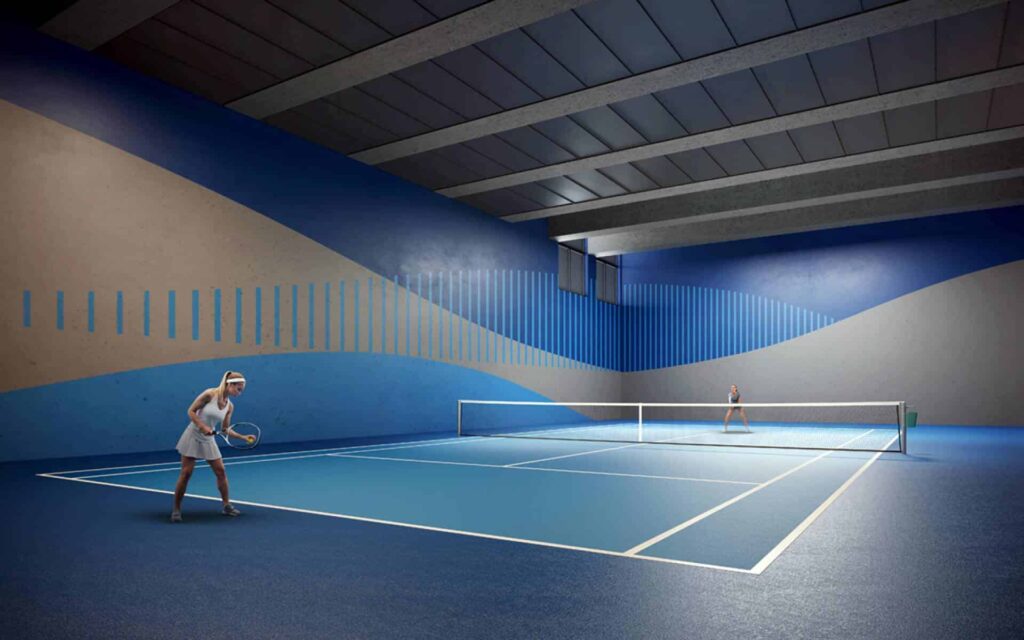 O Platô Perdizes conta com uma quadra de tênis coberta com um pé-direito ampliado.
